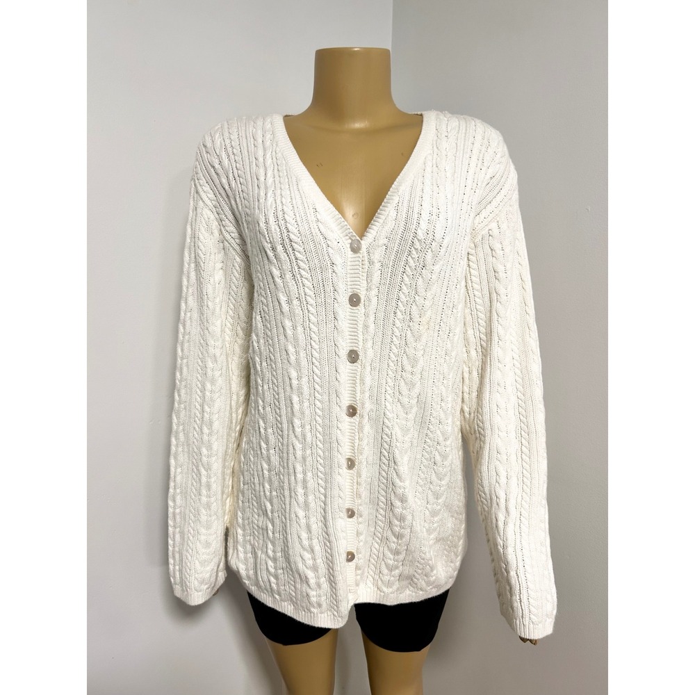 90s Talbots Womens Vintage White 100% Cotton Cable Knit V-Neck Button Cardigan L